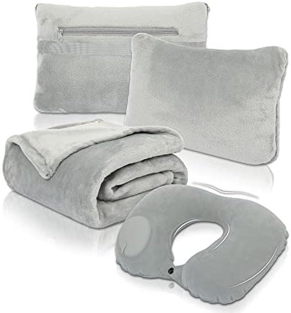  Travel Blanket And Pillow Set - Portable Inflatable Travel Neck Pillow And Premium Soft Airplane Blanket With Built-in Soft Bag, Neck Snaps, Zippered Pouch, And Hand Luggage Strap, 70" X 40" (Pink)