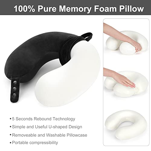 Travel Neck Pillow, Best Memory Foam Airplane Pillow For Head Support Soft Adjustable Pillow For Plane, Car & Home Recliner Use (Black)