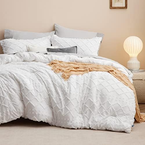  Bedsure Boho Comforter Set Queen - White Tufted Shabby Chic Bedding Comforter Set For All Seasons, 3 Pieces Western Comforter Farmhouse Modern Embroidery Bed Set For Women Men Girls