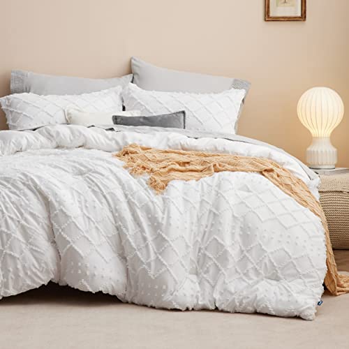  Bedsure Boho Comforter Set Queen - White Tufted Shabby Chic Bedding Comforter Set For All Seasons, 3 Pieces Western Comforter Farmhouse Modern Embroidery Bed Set For Women Men Girls