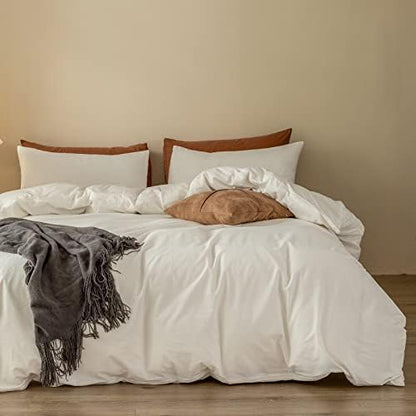  ELIMMO Duvet Cover Set Linen Texture 100% Cotton Fabric Durable Breathable Natural Dreamy Chic Feel (Beige Grey, Queen)