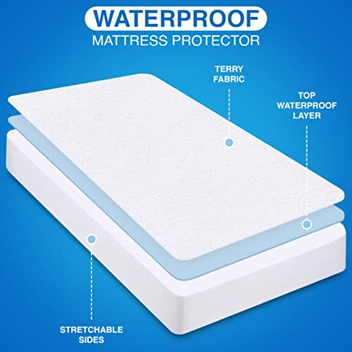  Premium Waterproof Terry Mattress Protector Twin 200 GSM, Mattress Cover, Breathable, Fitted Style With Stretchable Pockets (White)