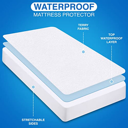  Premium Waterproof Terry Mattress Protector Twin 200 GSM, Mattress Cover, Breathable, Fitted Style With Stretchable Pockets (White)