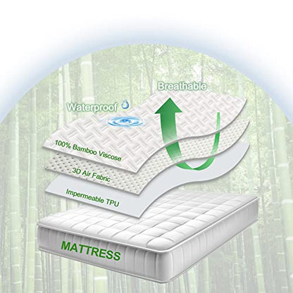  King Size 100% Waterproof Bamboo Mattress Protector 3D Air Fabric Breathable Cooling Mattress Cover With Deep Pocket Ultra Soft Noiseless Bed Mattress Protection With Double-Twill Pattern