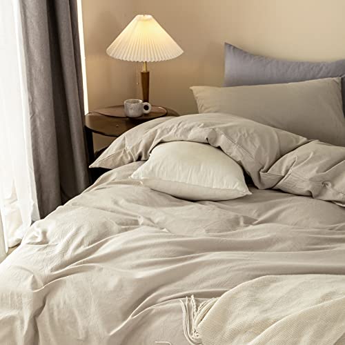  ELIMMO Duvet Cover Set Linen Texture 100% Cotton Fabric Durable Breathable Natural Dreamy Chic Feel (Beige Grey, Queen)