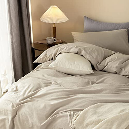 ELIMMO Duvet Cover Set Linen Texture 100% Cotton Fabric Durable Breathable Natural Dreamy Chic Feel (Beige Grey, Queen)
