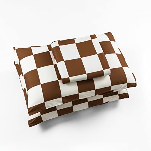  YuHeGuoJi Brown Plaid Duvet Cover Queen 100% Cotton White Gingham Duvet Cover 3 Pcs Set 1 Geometric Checkered Duvet Cover With Zipper Ties 2 Pillowcases Neutral Modern Gingham Grid Bedding Set Soft