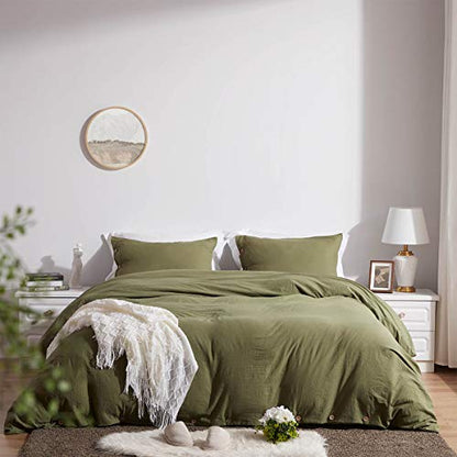  Queen Size Duvet Cover Set With Buttons Closure Olive Green, 3 Pieces Solid Color Ultra Soft Skin-Friendly Comforter Cover Set (1 Duvet Cover +2 Pillowcases)