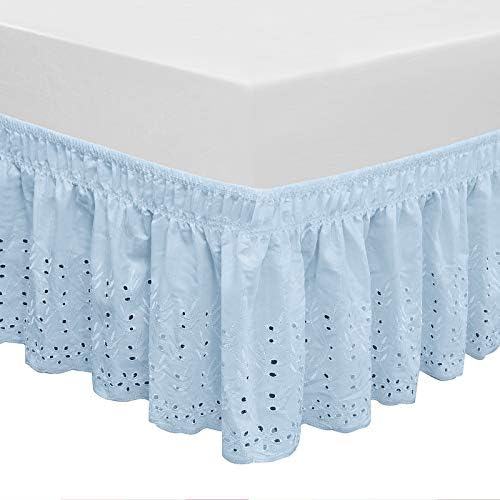  Wrap Around Elastic Eyelet Bed Skirts 14 1/2 Inches Drop Dust Ruffle Three Fabric Sides Easy On/Easy Off Adjustable Polyester Cotton(White Queen/King)