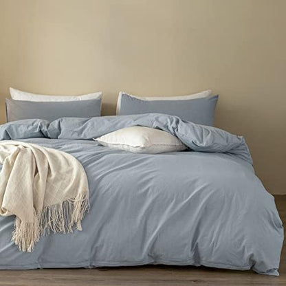  ELIMMO Duvet Cover Set Linen Texture 100% Cotton Fabric Durable Breathable Natural Dreamy Chic Feel (Beige Grey, Queen)
