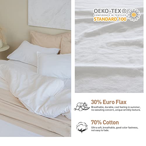  French Linen Duvet Cover Set 3pcs With Hidden Zipper Closure Natural Flax Cotton Blend Solid Color Soft Breathable Luxury Farmhouse Bedding -Queen Size, White