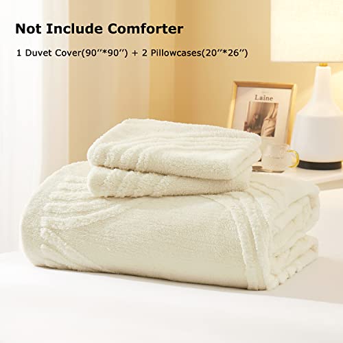  Oli Anderson Fluffy Duvet Cover Set, Faux Fur Rainbow Tufted Duvet Covers Queen Size, 3 Pieces Ultra Soft Warm Plush Comforter Cover Set, Ivory (1 Duvet Cover + 2 Pillowcases)