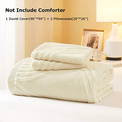  Oli Anderson Fluffy Duvet Cover Set, Faux Fur Rainbow Tufted Duvet Covers Queen Size, 3 Pieces Ultra Soft Warm Plush Comforter Cover Set, Ivory (1 Duvet Cover + 2 Pillowcases)