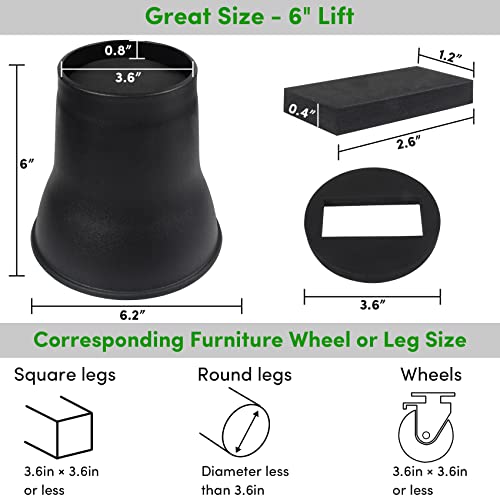  DEDU Bed Risers 6 Inch Heavy Duty 6 Pack, Furniture Risers With Caster Pads Supports Up To 6600 Lbs, Round Couch Risers For Sofas, Desk (Black)