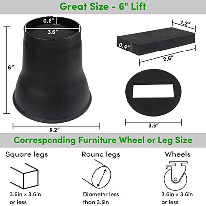  DEDU Bed Risers 6 Inch Heavy Duty 6 Pack, Furniture Risers With Caster Pads Supports Up To 6600 Lbs, Round Couch Risers For Sofas, Desk (Black)