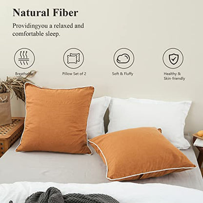  100% Linen Euro Shams With White Trim Inserted Edges 26x26 Inch Stone Washed Pillow Cover Set Of 2 Basic Style Cushion Covers,Rust