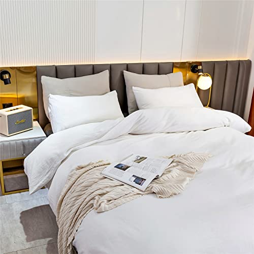  QWACK 100% Linen Duvet Cover King Set 3 Pcs Washed French Natural Flax Duvet Cover Soft Breathable Comfy Linen Bedding Set With 1 Duvet Cover Linen 2 Linen Pillowshams (King, White)