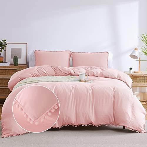 Pink Duvet Cover Queen Size, 3 Pieces Soft Washed Microfiber Duvet Cover Set With Boho Pom Pom Fringe, Pink, 90x90 Inches