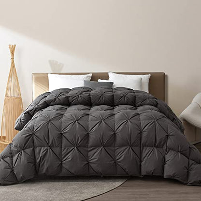  King Size Feather And Down Comforter, 82oz Filling Extra Warm & Thick Heavyweight Pinch Pleat Duvet Insert For Colder Winter, 100% Cotton Cover Fluffy Soft Bedding Comforter