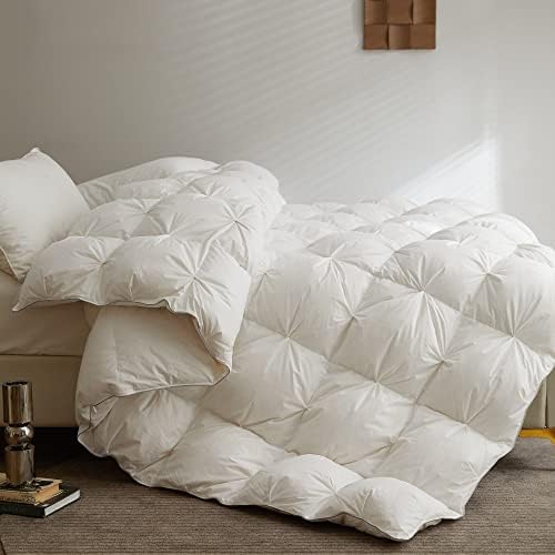  King Size Feather And Down Comforter, 82oz Filling Extra Warm & Thick Heavyweight Pinch Pleat Duvet Insert For Colder Winter, 100% Cotton Cover Fluffy Soft Bedding Comforter