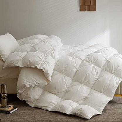  King Size Feather And Down Comforter, 82oz Filling Extra Warm & Thick Heavyweight Pinch Pleat Duvet Insert For Colder Winter, 100% Cotton Cover Fluffy Soft Bedding Comforter
