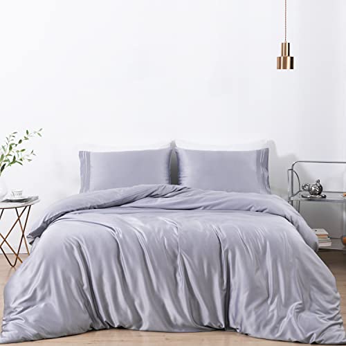  MISERRO Gray Duvet Cover Queen Size - Silky Soft For Hair And Skin Duvet Cover Set 3 Pieces With Zipper Closure, 1 Duvet Cover And 2 Pillow Shams