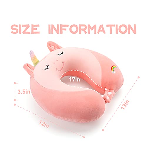  Niuniu Daddy Kids Travel Pillow For Airplane, Car, Recline - Neck Chin Support For Resting - Stops Head From Flopping Forward - Soft Memory Foam Insert And Cute Pink Unicorn Animal Plush Pillow Cover