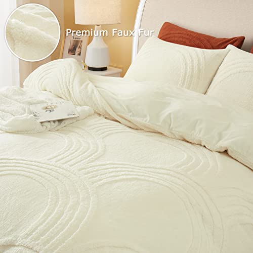  Oli Anderson Fluffy Duvet Cover Set, Faux Fur Rainbow Tufted Duvet Covers Queen Size, 3 Pieces Ultra Soft Warm Plush Comforter Cover Set, Ivory (1 Duvet Cover + 2 Pillowcases)