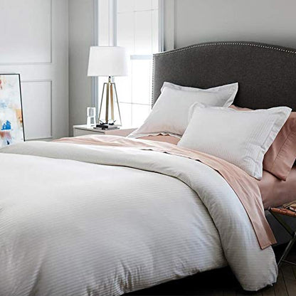  Merryfeel Cotton Sateen Duvet Cover Set,100% Cotton Sateen 300 Thread Count Classic Jacqaurd Stripe Duvet Cover Set,3 Pieces Bedding Set. (Full/Queen,White)-5-Star Hotel Quality