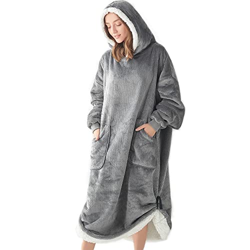  BEDELITE Fleece Sherpa Wearable Blanket Hoodie With Sleeves And Pocket, Cozy Warm Oversized Blanket Sweatshirt