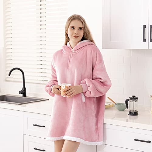 Oversized Wearable Blanket Hoodie For Adult, Thick Sherpa Sweatshirt With Elastic Sleeves And Giant Pockets Super Warm And Cozy Fuzzy Plush Fleece Blanket Jacket, Pink