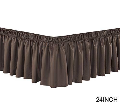  Wrap Around 24" Inch Long Fall Brown Ruffled Platform Elastic Solid Bed Skirt Fits All Queen, King And Cal King Size Bedding High Thread Count Microfiber Dust Ruffle, Soft & Wrinkle Free.