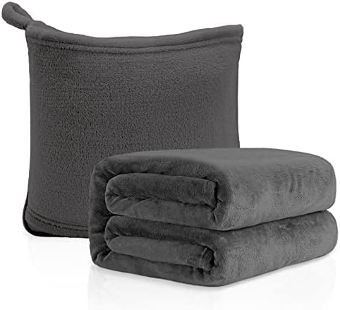  MACEVIA Travel Blanket Pillow Soft And Warm Blanket For Airplane Travel Essential Comfort Durability 2 In 1 Throw Blanket For Train Car Camping Office With Luggage Backpack Strap - Pink