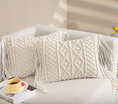  HOMESUNSHINE Macrame Lumbar Pillow Cover-Set Of 2 With Tassels Rectangualr Cushion Covers Boho Throw Pillow Cover For Couch, Sofa, Bed, Farmhouse, Chair, Dining, Patio, Outdoor, Car (B)
