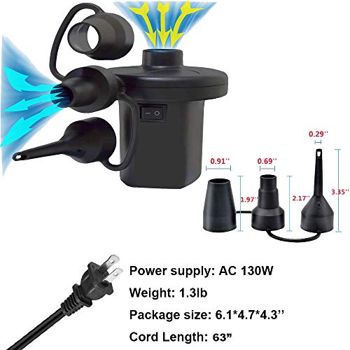  Electric Air Pump, Air Mattress Portable Pump For Inflatables Couch, Pool Floats, Blow Up Pool Raft Bed Boat Toy, Snow Tube, AC Inflator/Deflator With 3 Nozzles, 130W