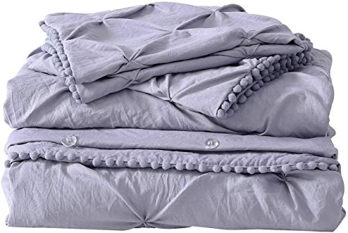  Chezmoi Collection Natalia 3-Piece Pom Poms Fringe Pinch Pleat Duvet Cover Set - Hypoallergenic Soft Washed Microfiber Comforter Cover With Button Closure And Corner Ties - Queen, Purple