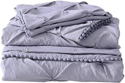  Chezmoi Collection Natalia 3-Piece Pom Poms Fringe Pinch Pleat Duvet Cover Set - Hypoallergenic Soft Washed Microfiber Comforter Cover With Button Closure And Corner Ties - Queen, Purple