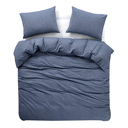  Wake In Cloud - Denim Blue Duvet Cover Set, 100% Washed Cotton Yarn Dyed Plain Solid Color, Comfy Bedding With Zipper Closure Corner Ties (3pcs, Queen Size)
