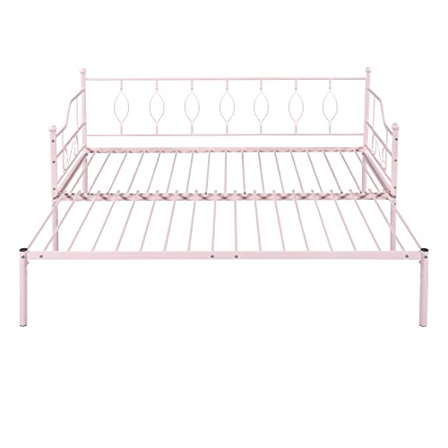  Twin Size Metal Daybed With Trundle, Daybed With Slat No Box Required, Noise Free, For Bedroom Living Room - Pink