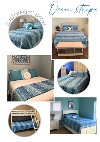  Ocean Stripe 3-Piece All Season Prewashed Quilt Set, Coastal Beach Theme, Natural Puckered/Textured Look, 100% Cotton Fabric, Unique Watercolor Stripe, Aqua, Blue, White, Full/Queen