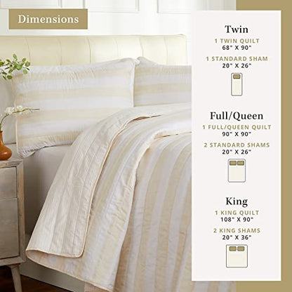  3 Piece King Quilt Set With Shams | Soft & Breathable For Spring & Summer | All-Season Quilt | Multi Layer Coverlet | Lightweight Bedspread | Boho Stripes | Bettina Collection (King, Parchment)