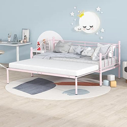  Twin Size Metal Daybed With Trundle, Daybed With Slat No Box Required, Noise Free, For Bedroom Living Room - Pink