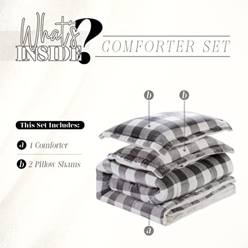  Elegant Comfort 3-Piece Buffalo Lodge-Plaid Comforter Set, Luxurious, Heavyweight, All Season, Down Alternative-Micromink Sherpa-Backing Reversible Micro-Suede, Soft And Plush, Queen, Gray/White