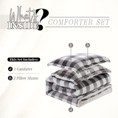  Elegant Comfort 3-Piece Buffalo Lodge-Plaid Comforter Set, Luxurious, Heavyweight, All Season, Down Alternative-Micromink Sherpa-Backing Reversible Micro-Suede, Soft And Plush, Queen, Gray/White