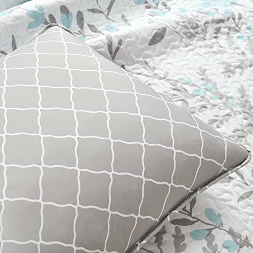  Lush Decor Yellow Aprile Reversible Quilt 3 Piece Floral Leaf Design Bedding Set, King, Blue & Gray