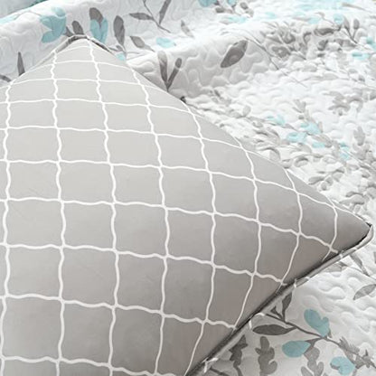  Lush Decor Yellow Aprile Reversible Quilt 3 Piece Floral Leaf Design Bedding Set, King, Blue & Gray