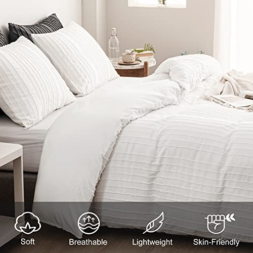  WARMDERN White Boho Duvet Cover Set Queen Size, Striped Textured Tufted Bedding Set, 3 Pcs Ultra Soft Washed Microfiber With Zipper Closure (Queen, White)