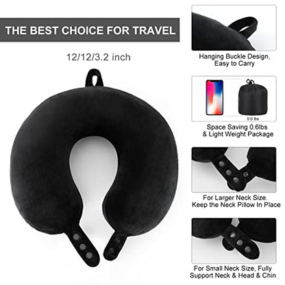  Travel Neck Pillow, Best Memory Foam Airplane Pillow For Head Support Soft Adjustable Pillow For Plane, Car & Home Recliner Use (Black)