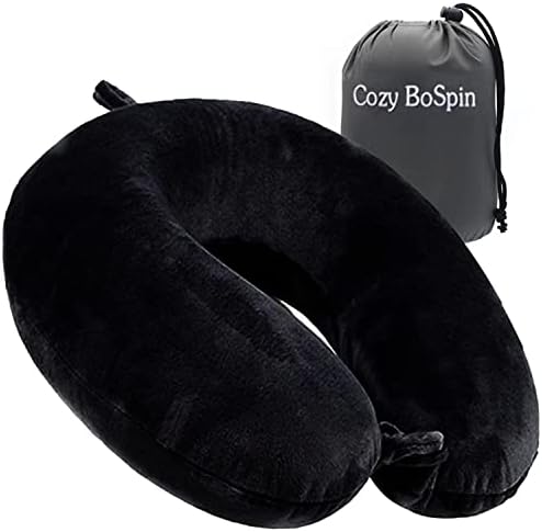 Cozy BoSpin Memory Foam Travel Pillow- Portable Neck Support Pillow On Flights, Car, And At Home, Comfortable Airplane Travel Pillow,Lightweight Quick Pack For Camping (Black)