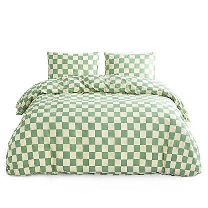  - Green And Light Yellow Checkered Duvet Cover Set, 100% Cotton Bedding, Buffalo Plaid Gingham Checkerboard Geometric Pattern, With Zipper Closure (3pcs, King Size)